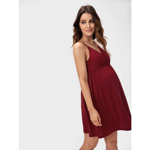 Maternity Slip v neck cami mini Dress maroon burgundy red - Picture 1 of 11